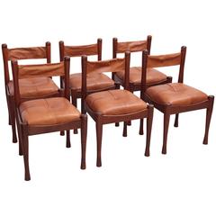 Set of Six Leather and Wood Chairs by Silvio Coppola for Bernini