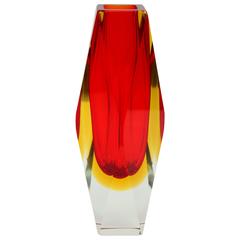 Giant Mandruzzato Red and Gold Faceted Murano Glass Sommerso Vase