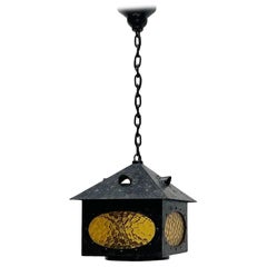 Arts & Crafts Movement Wrought Iron Lantern with Yellow Glass