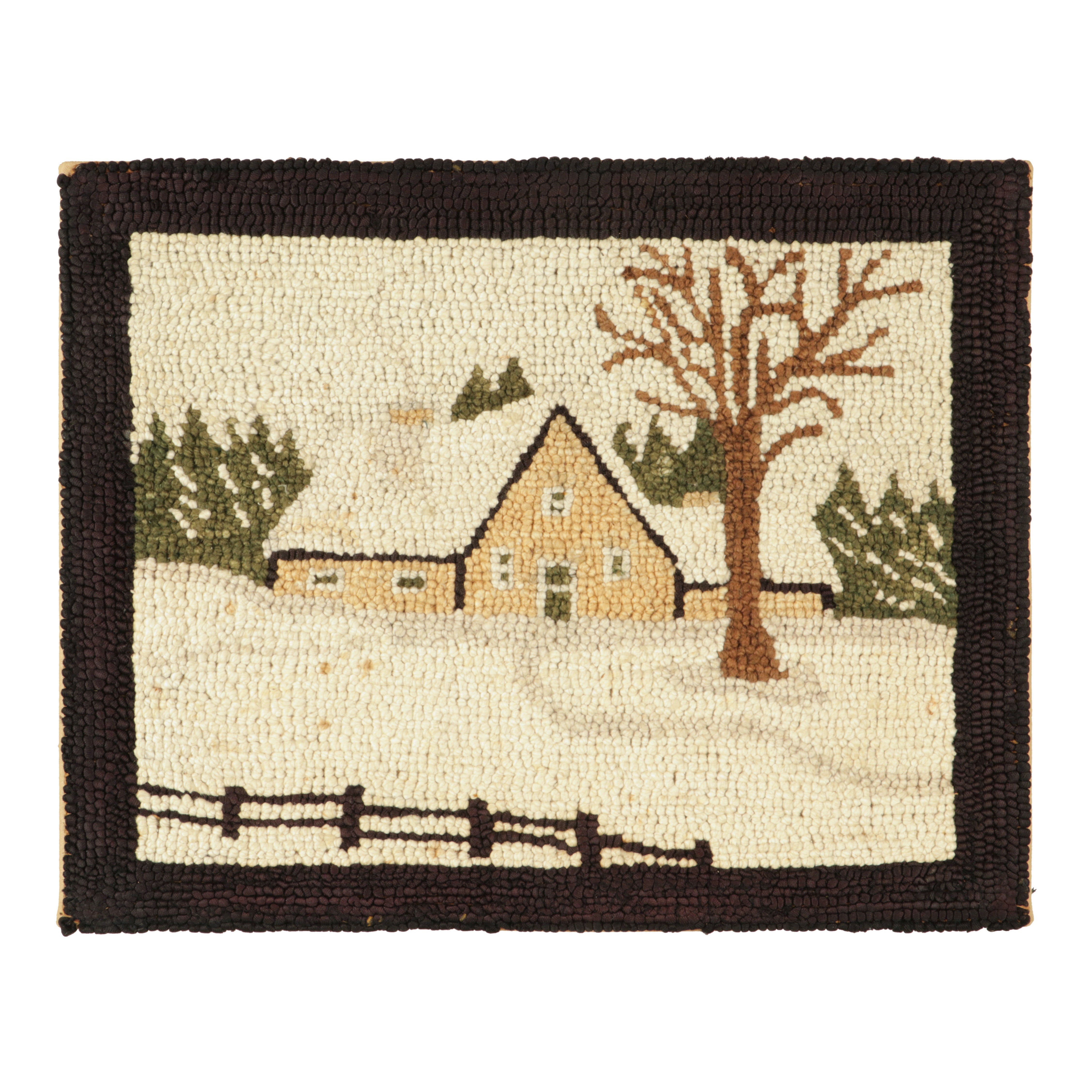 Antique Hooked Rug in Beige-Cream Rural Life Pictorial - Rug & Kilim For Sale