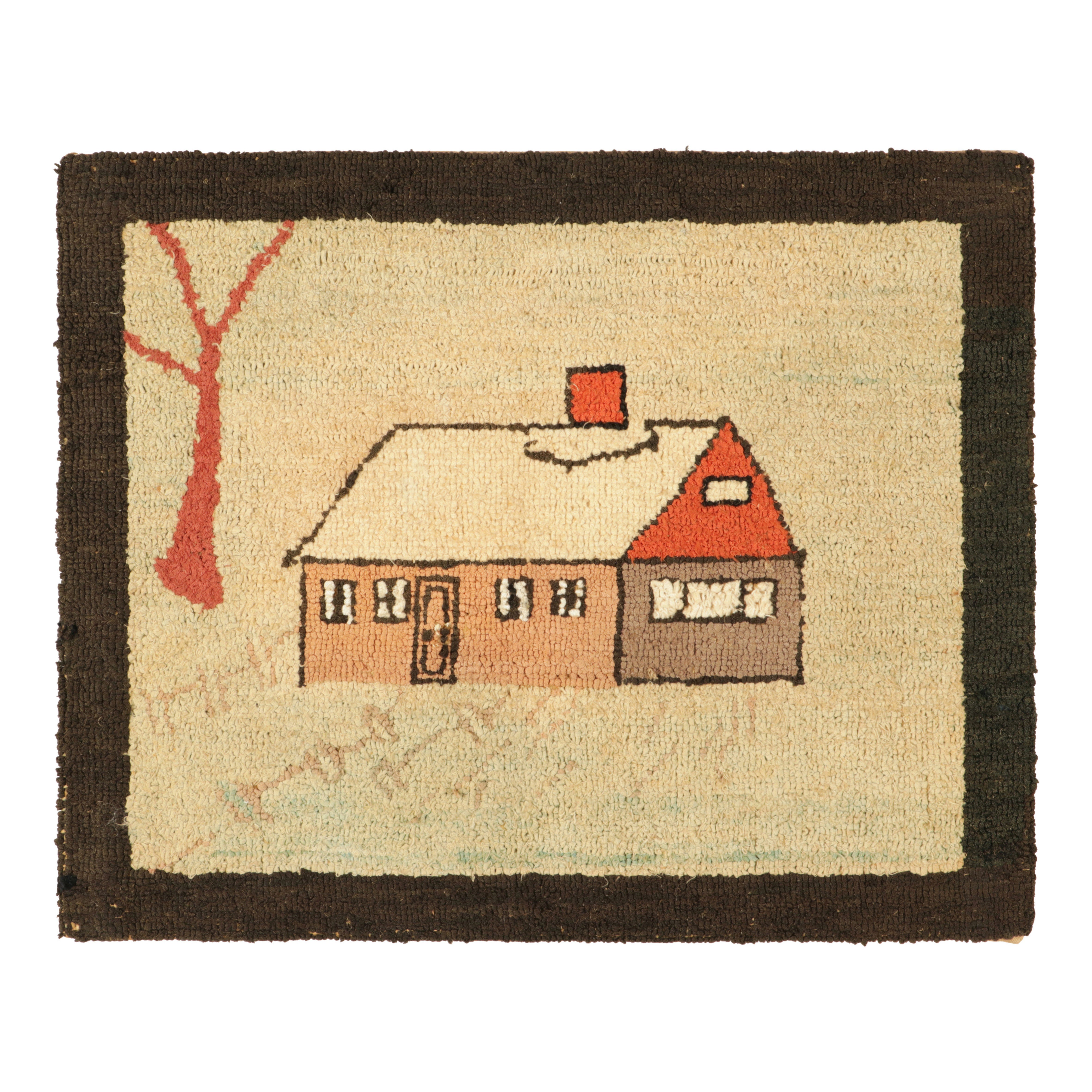 Antique Hooked Rug in Beige-Cream with House Pictorial - Rug & Kilim