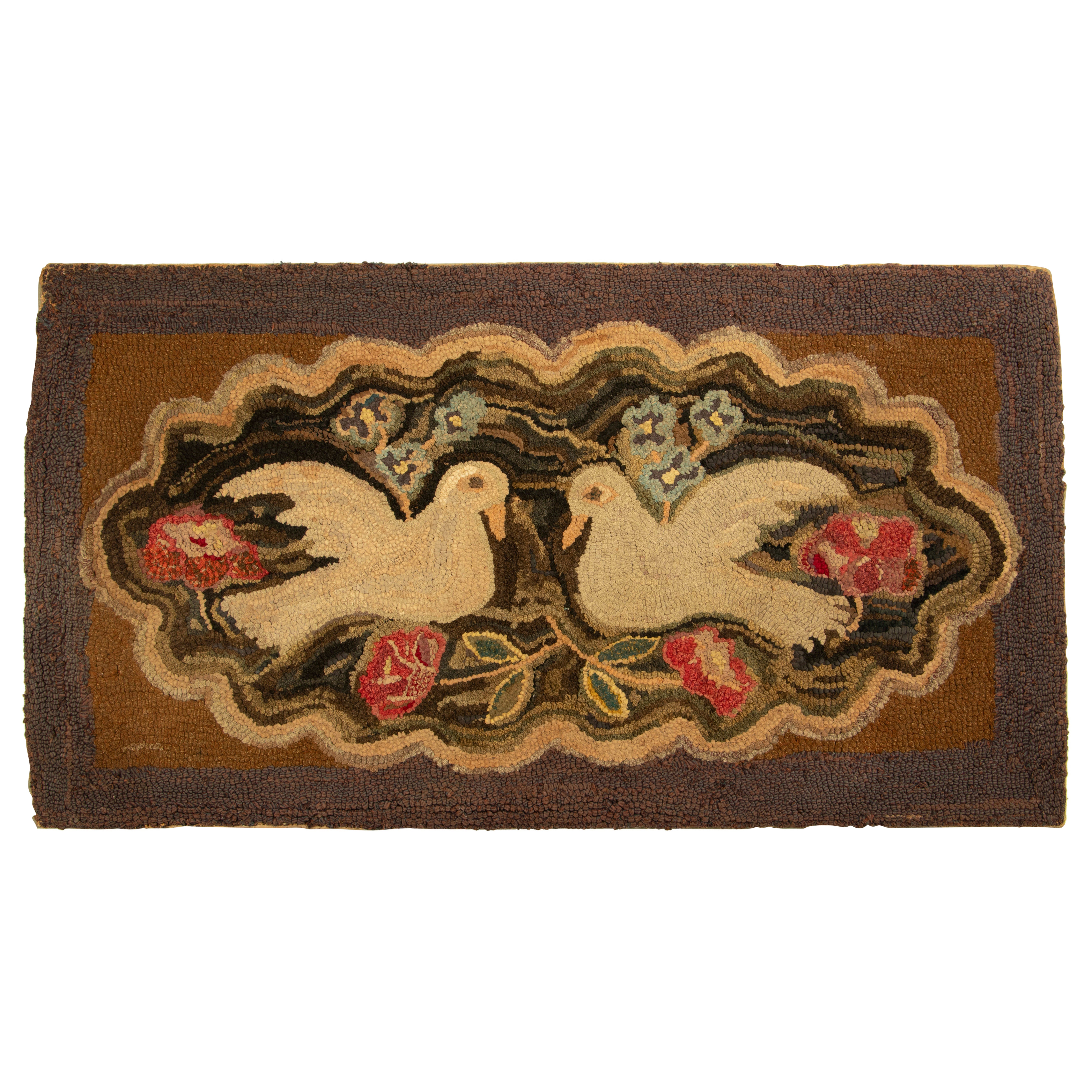 Antique Framed Hooked Rug, Brown with White Dove Pictorials - Rug & Kilim For Sale