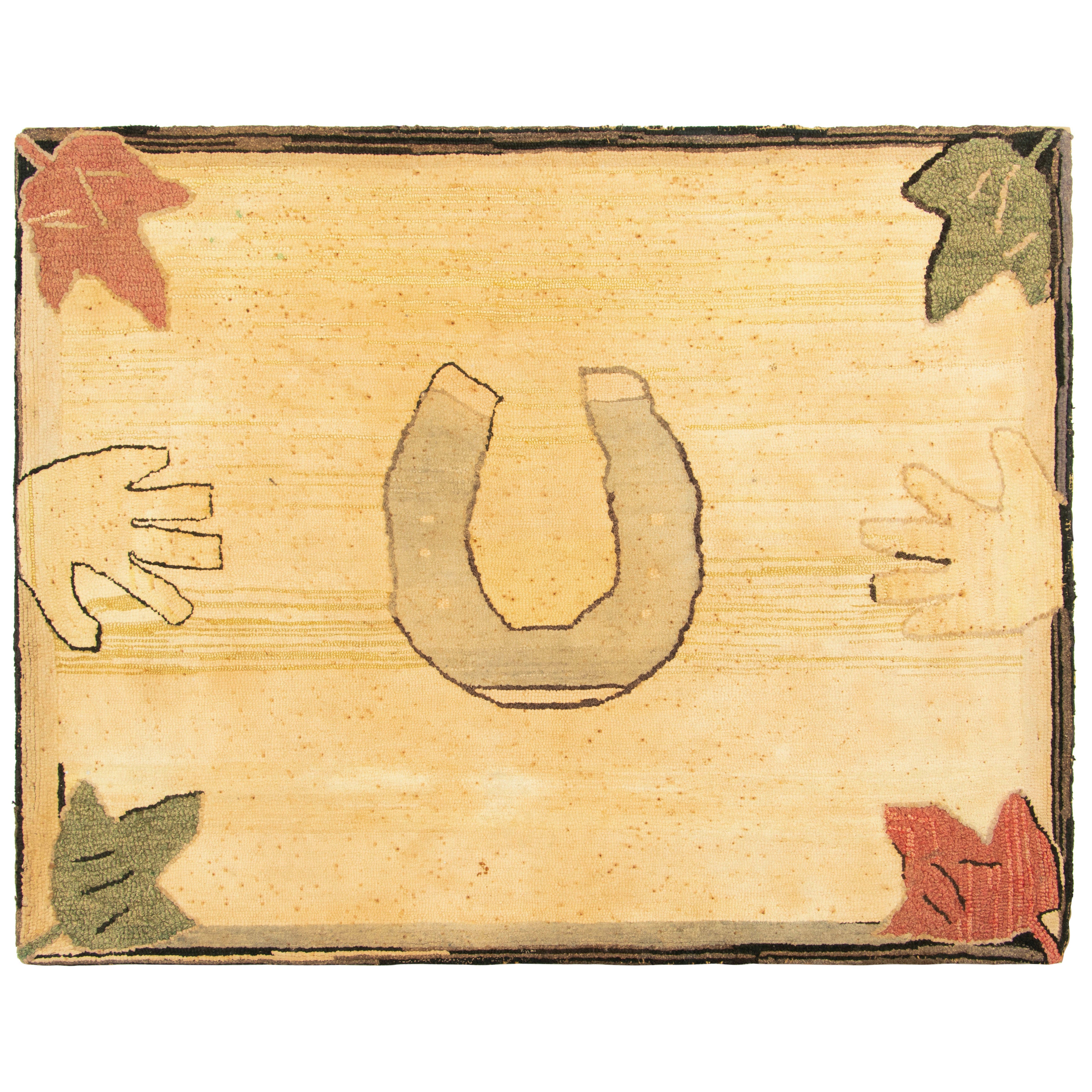 Antique Hooked Rug in Cream with Horseshoe Pictorial - Rug & Kilim