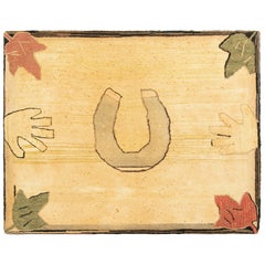 Antique Hooked Rug in Cream with Horseshoe Pictorial - Rug & Kilim