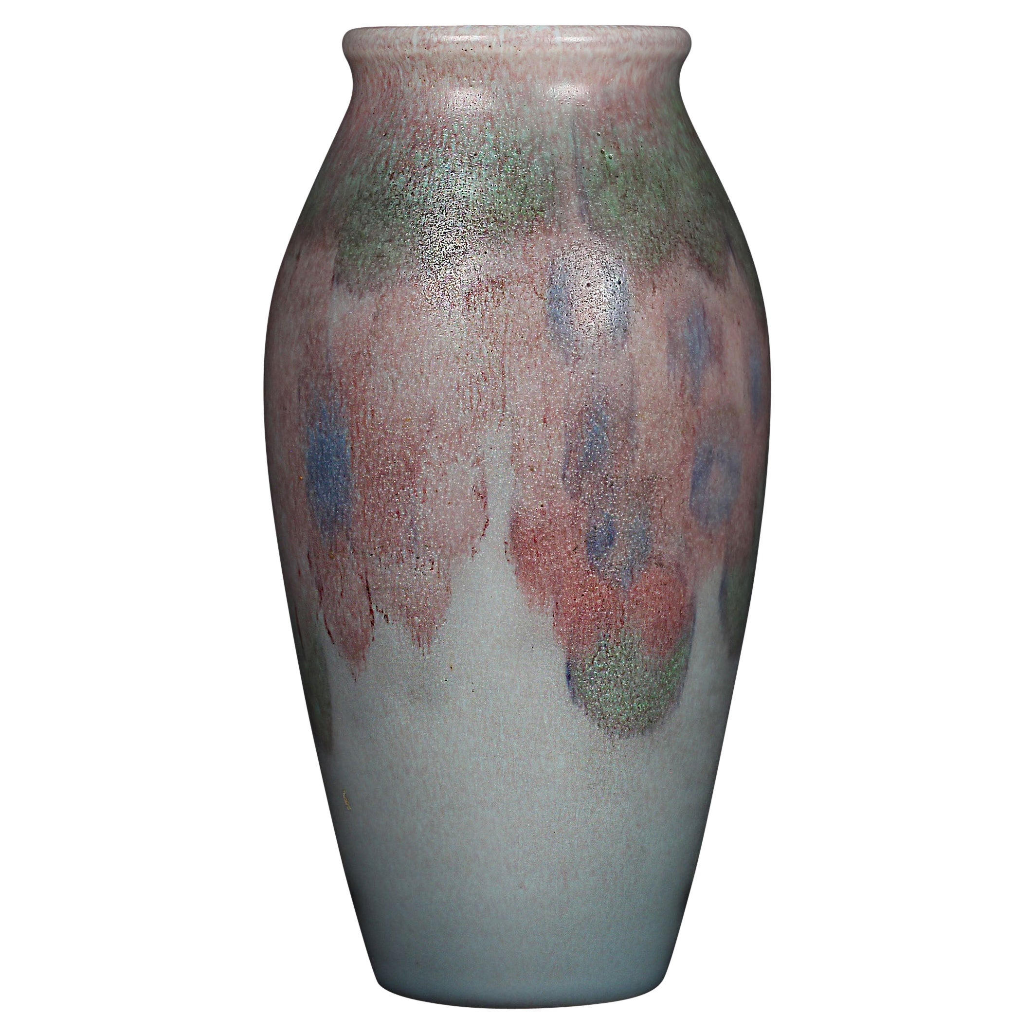 Mid 20th Century Blue-Gray 8.5 Inch Vase with Purple and Green wash For Sale