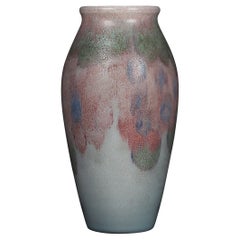 Mid 20th Century Blue-Gray 8.5 Inch Vase with Purple and Green wash