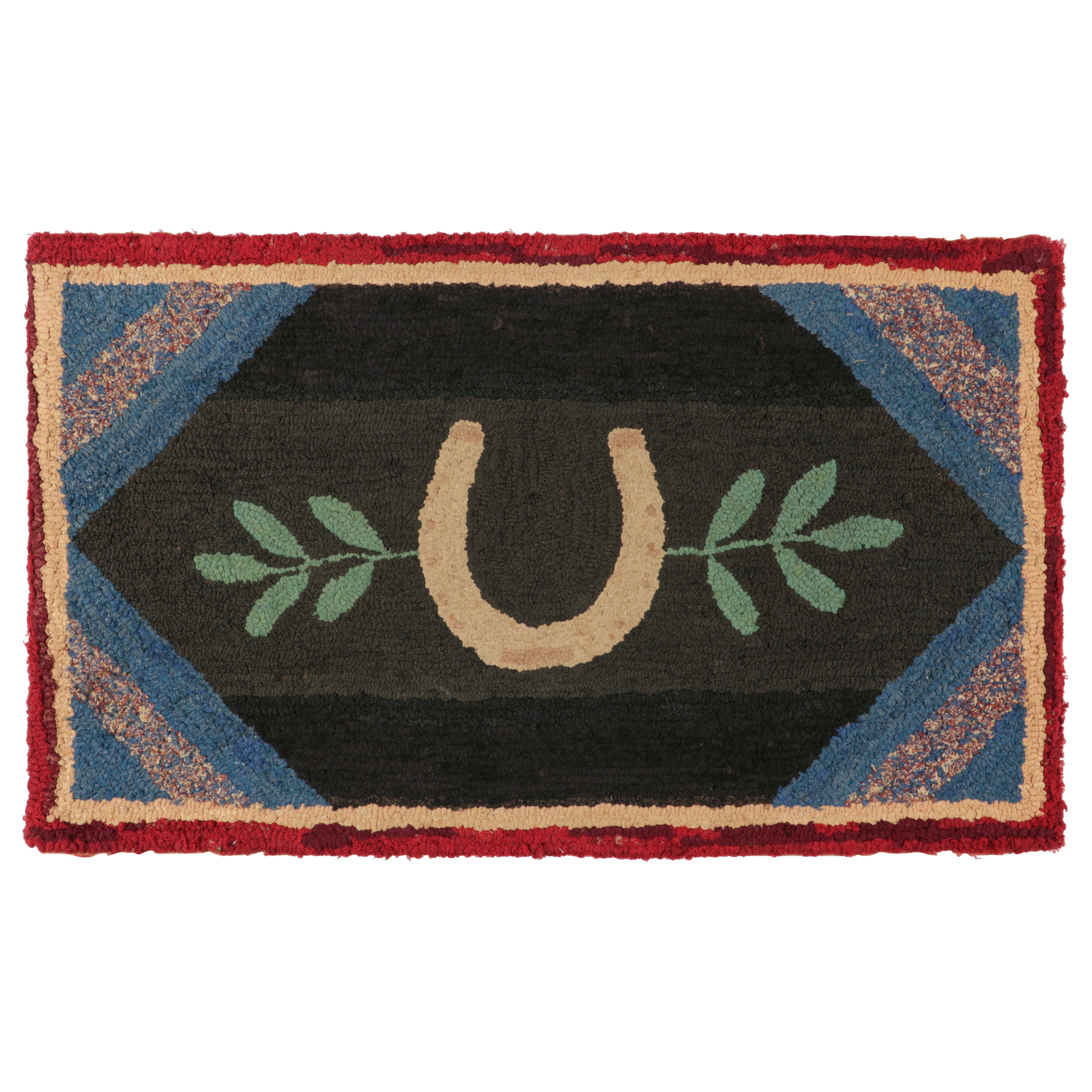 Antique Hooked Rug in Dark Brown with Horseshoe Pictorial - Rug & Kilim