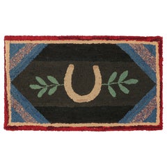Antique Hooked Rug in Dark Brown with Horseshoe Pictorial - Rug & Kilim