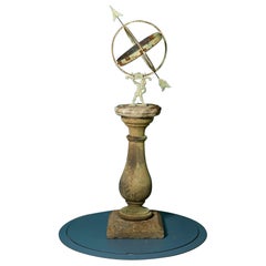 Vintage Reclaimed Atlas Armillary Sundial on Weathered Stone Pedestal