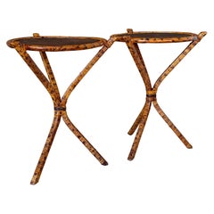 Pair of British Colonial Tortoise Rattan & Grasscloth Side Tables