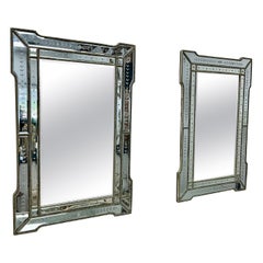 Pair of 1990s Venetian Mirrors with Silvered Wood Frames and Etched Glas