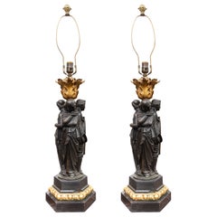Pareja de Esculturas de las 3 Gracias Electrificadas en Bronce y Parcela Dorada del S. XIX