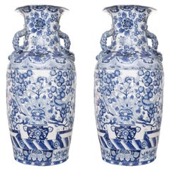 Pair of Large Palace Style Vintage Blue and White Chinese Urns