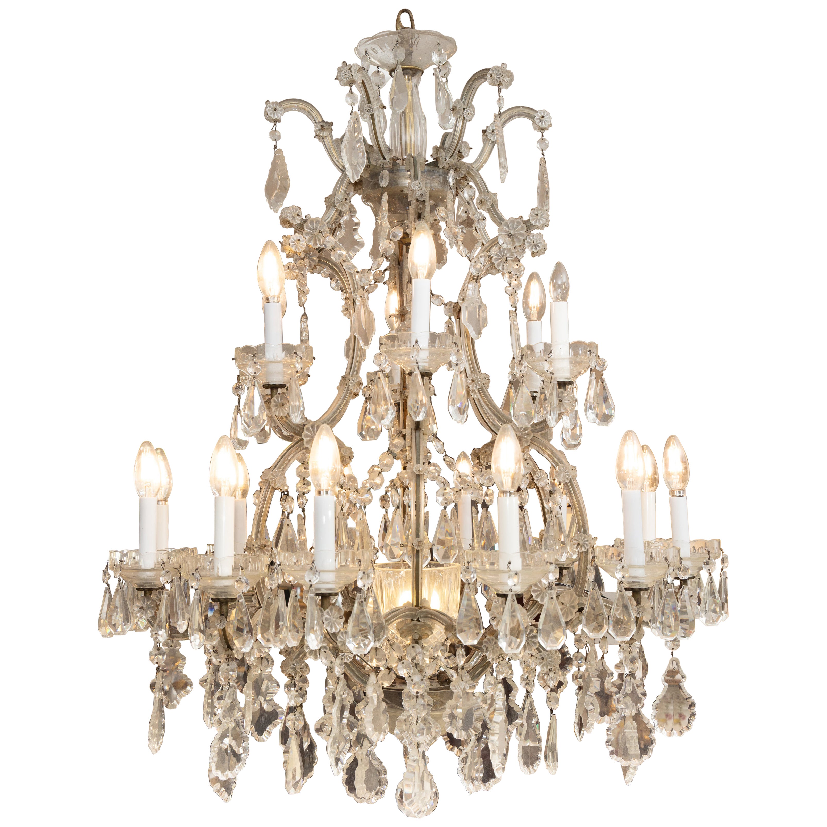 Lampadario a due piani in cristallo vintage in stile Regency inglese a 16 luci in vendita