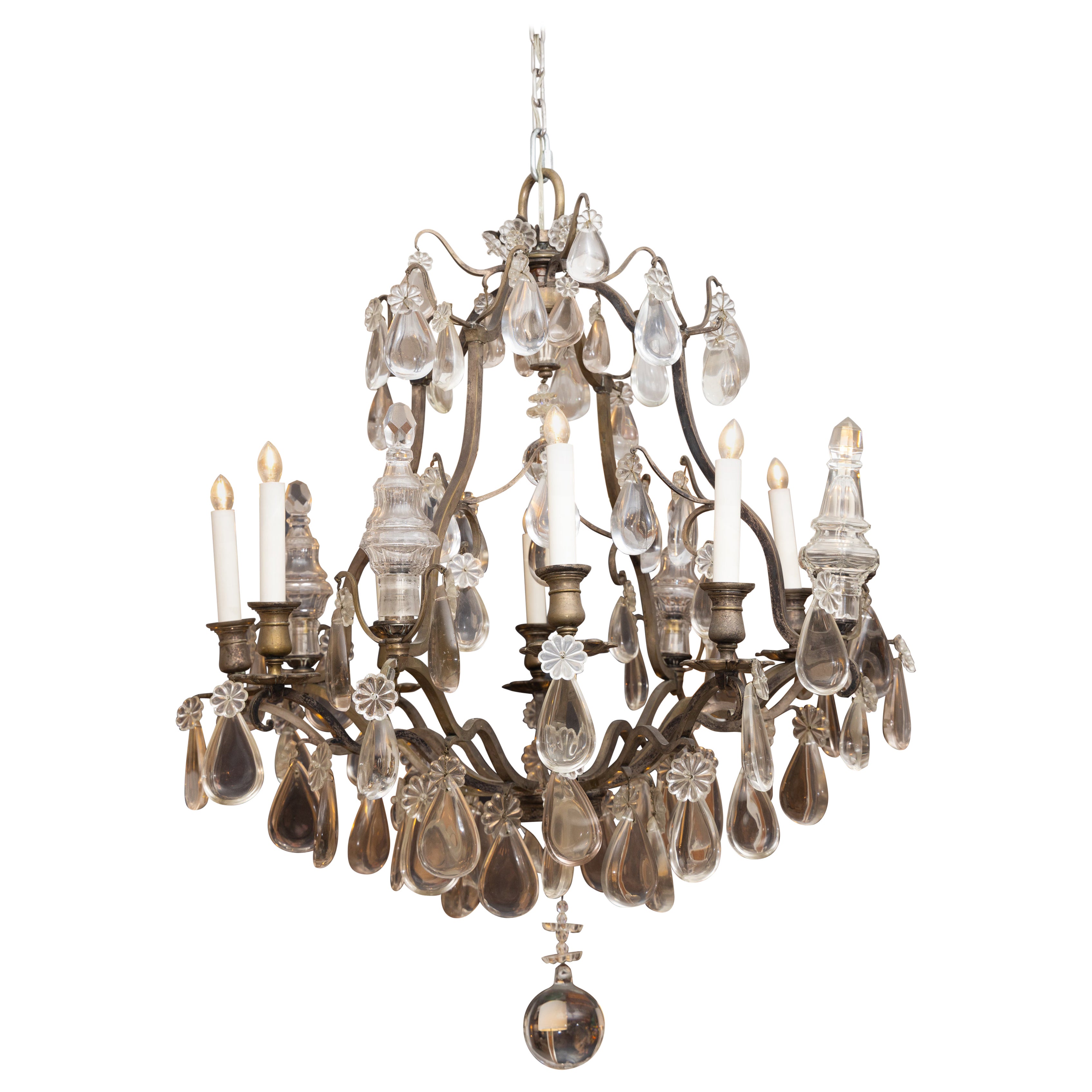 Vintage French Bronzed Metal and Crystal Chandelier