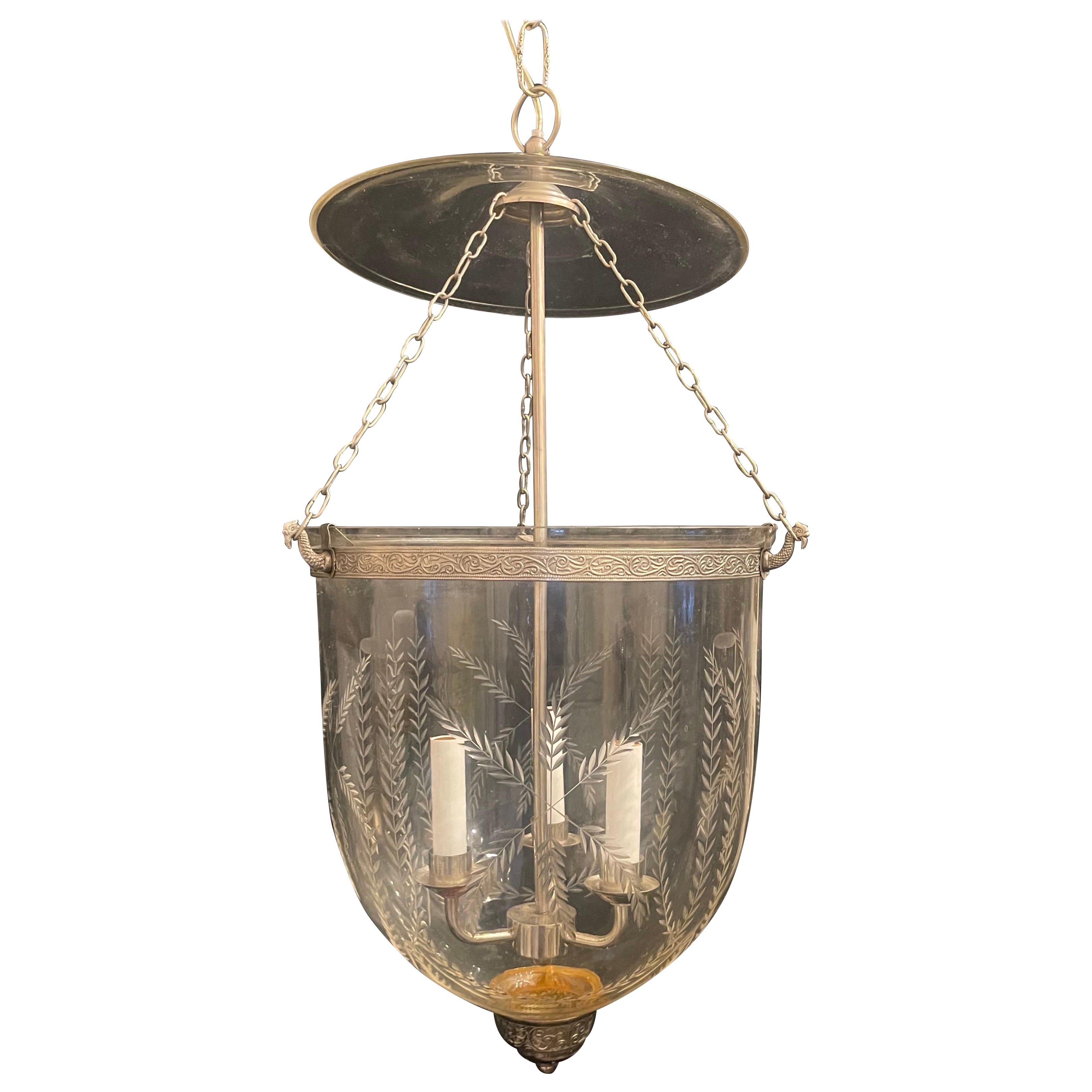 Wonderful Nickel Brass Blown Etched Laurel Glass Bell Jar Lantern Light Fixture