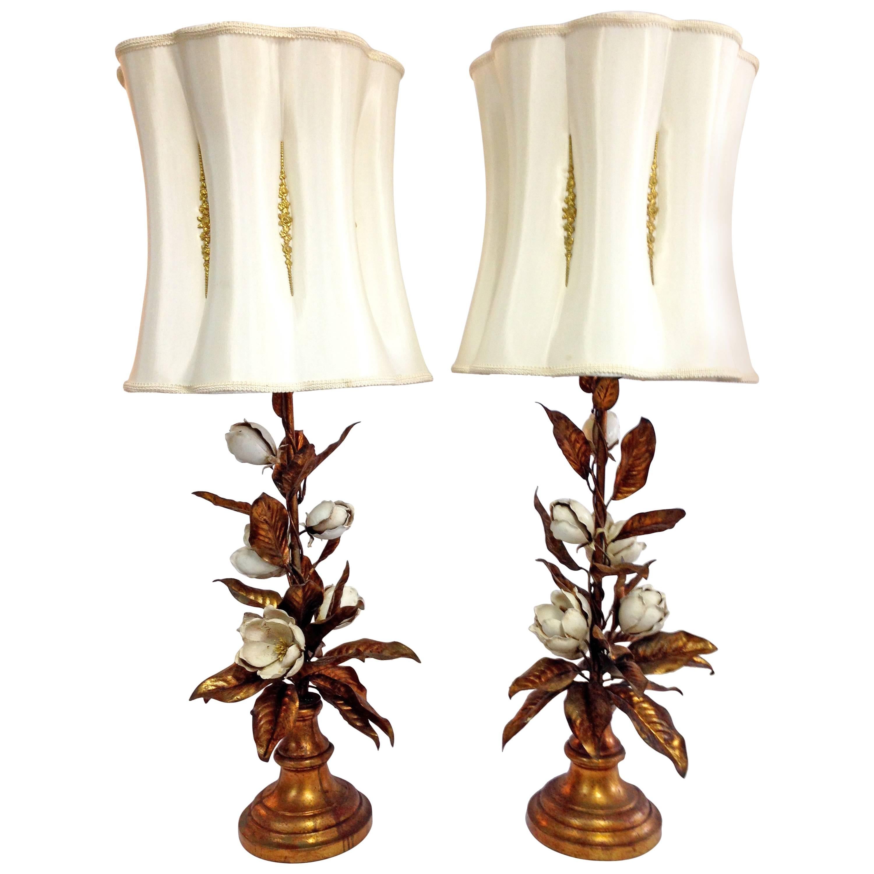 Pair of Vintage Tall Italian Tole Gilt Brass Rose Leaf Lamps