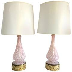 1950s Pair of Dino Martens Style Latticino Pink and White Murano Italy Lamps