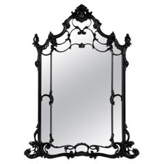 Large Chippendale Mirror, Carved Black Lacquered Wood, Bevelled Mirror.