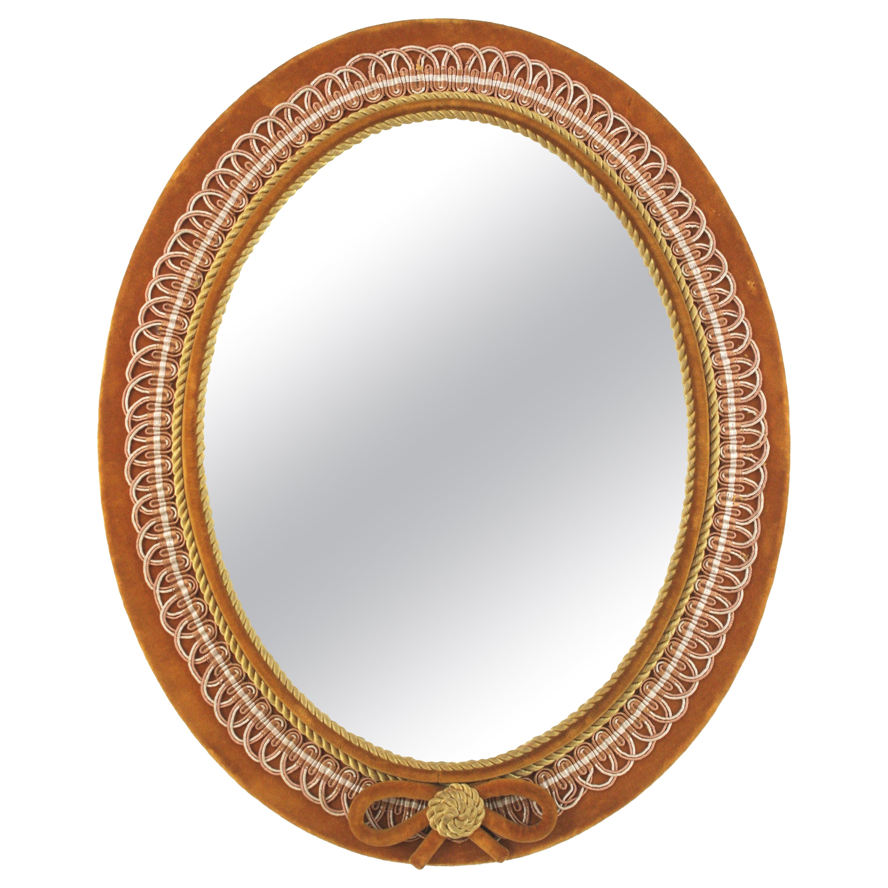 Oval Mirror in Ochre Velvet and Trimming, Spain 1950 For Sale