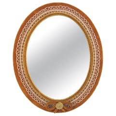 Miroir ovale en velours ocre et garnitures, Espagne 1950