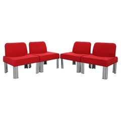 Pair of Gae Aulenti Style Low MOD Red Armless Salon Chairs with Aluminum Legs