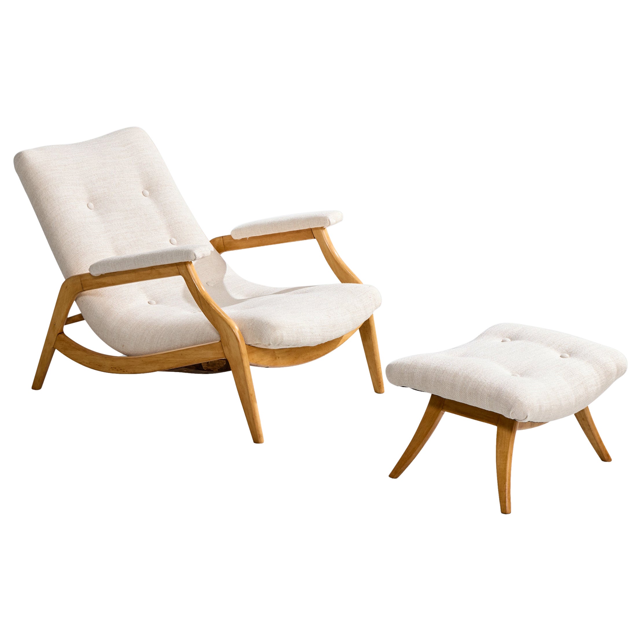 Gelli Móveis, Lounge Chair with Ottoman, Wood, Fabric, Brazil, 1950s