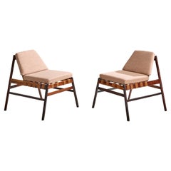 Brazilian Designer, Slipper Chairs, Wood, Leather, Fabric, Brazil, 1960s