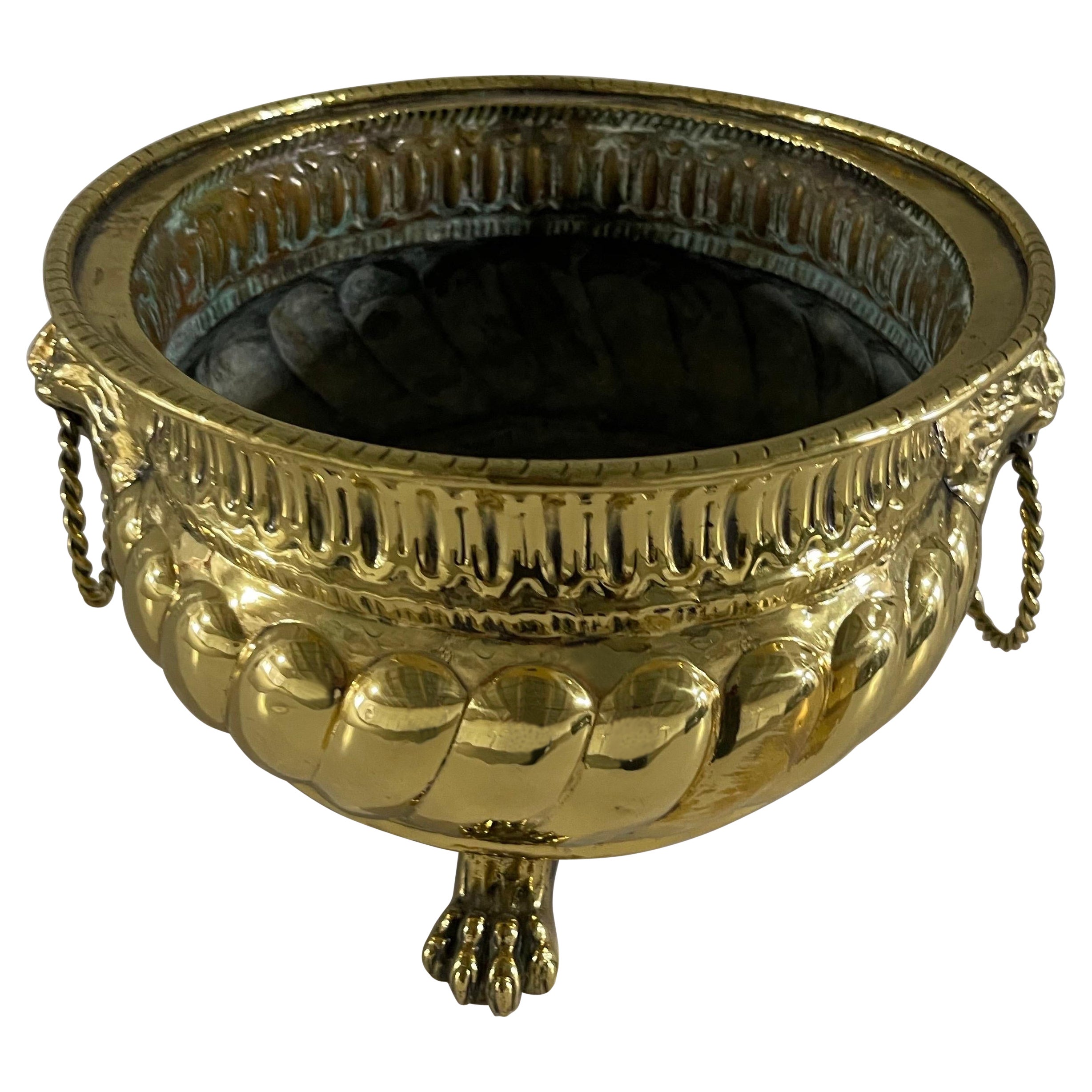 French Polished Brass Round Jardiniere or Planter with Handles, 19th Century