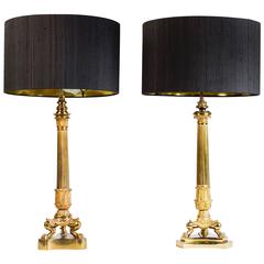 Grand Ensemble of Empire Style Triple Lion Paw Gilded Table Lamps