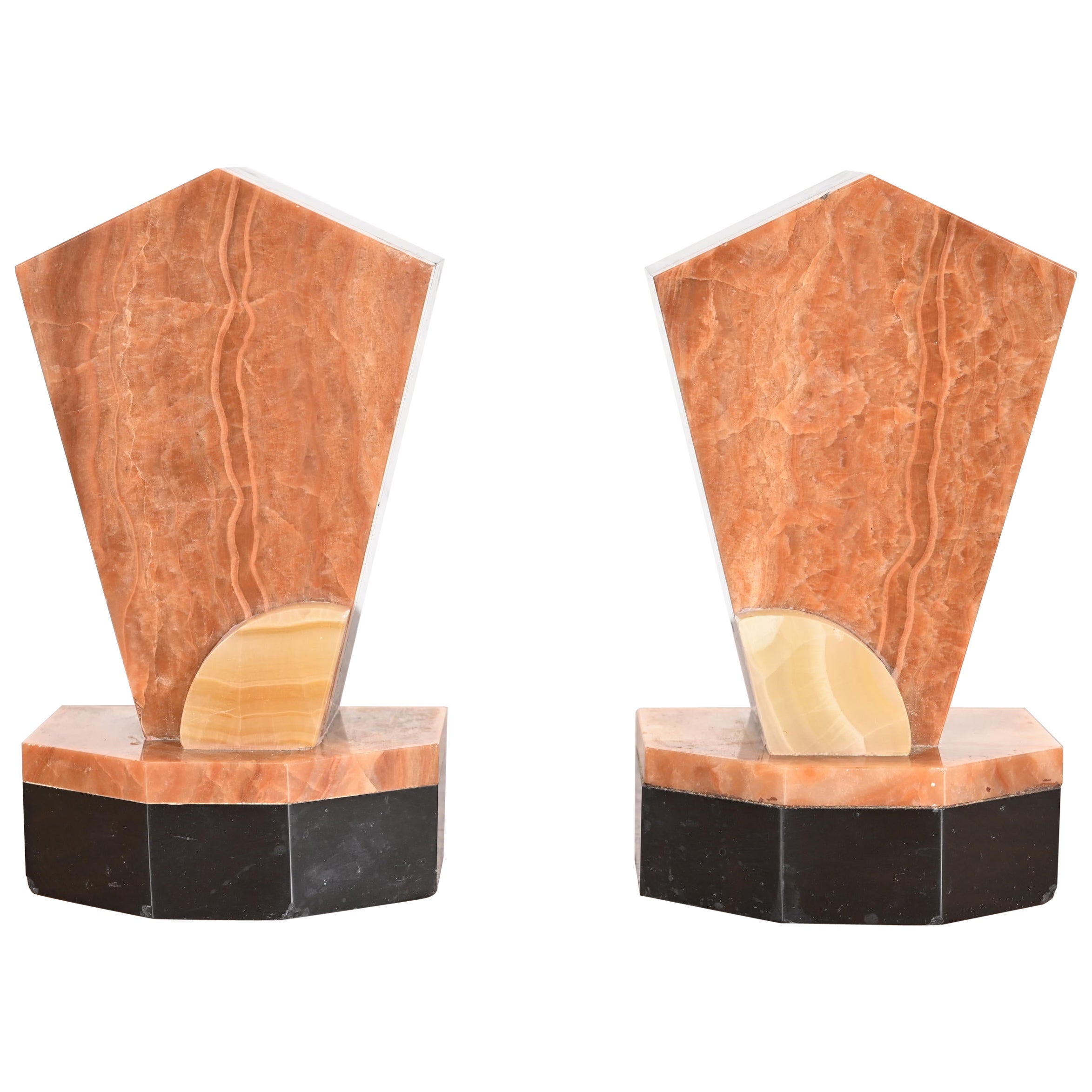 Art Deco Rouge Marble and Onyx Bookends, Circa 1930s