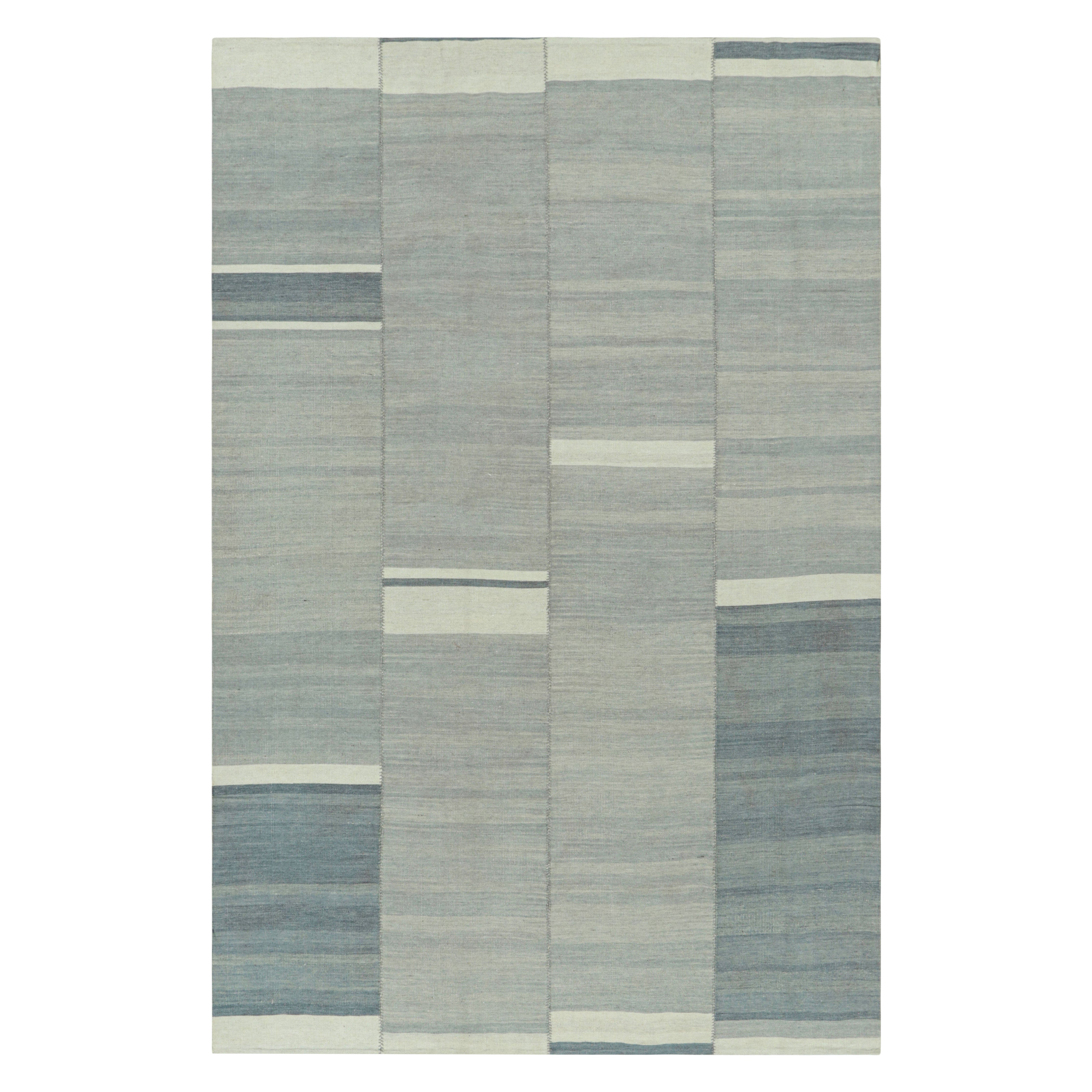 Rug & Kilim’s Contemporary Kilim with Textural Blue and Gray Stripes For Sale