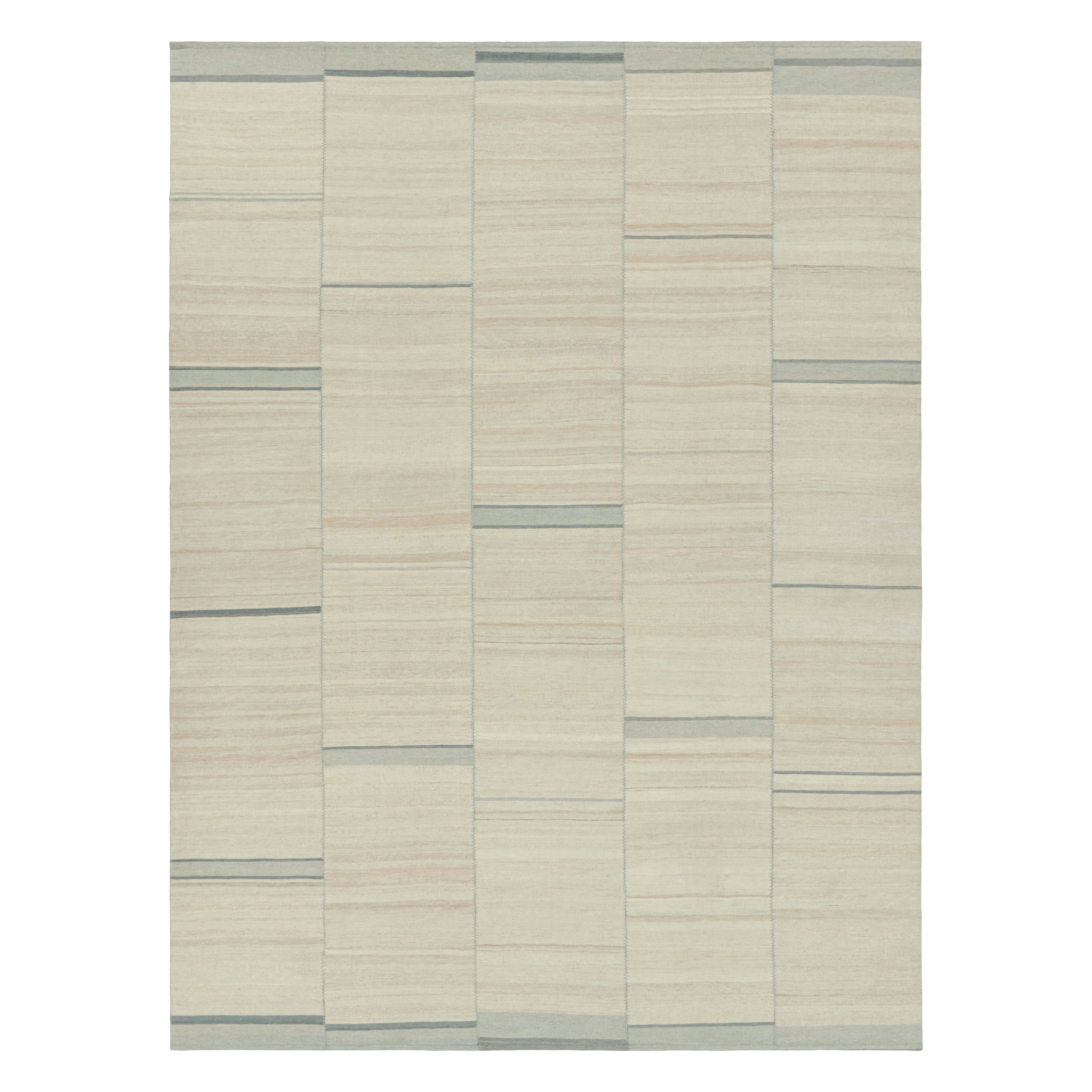 Rug & Kilim’s Contemporary Kilim with Textural Beige, Cream and Blue Stripes