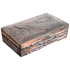 Antique Meiji Period Oriental Copper Jewelry Box With Peacocks