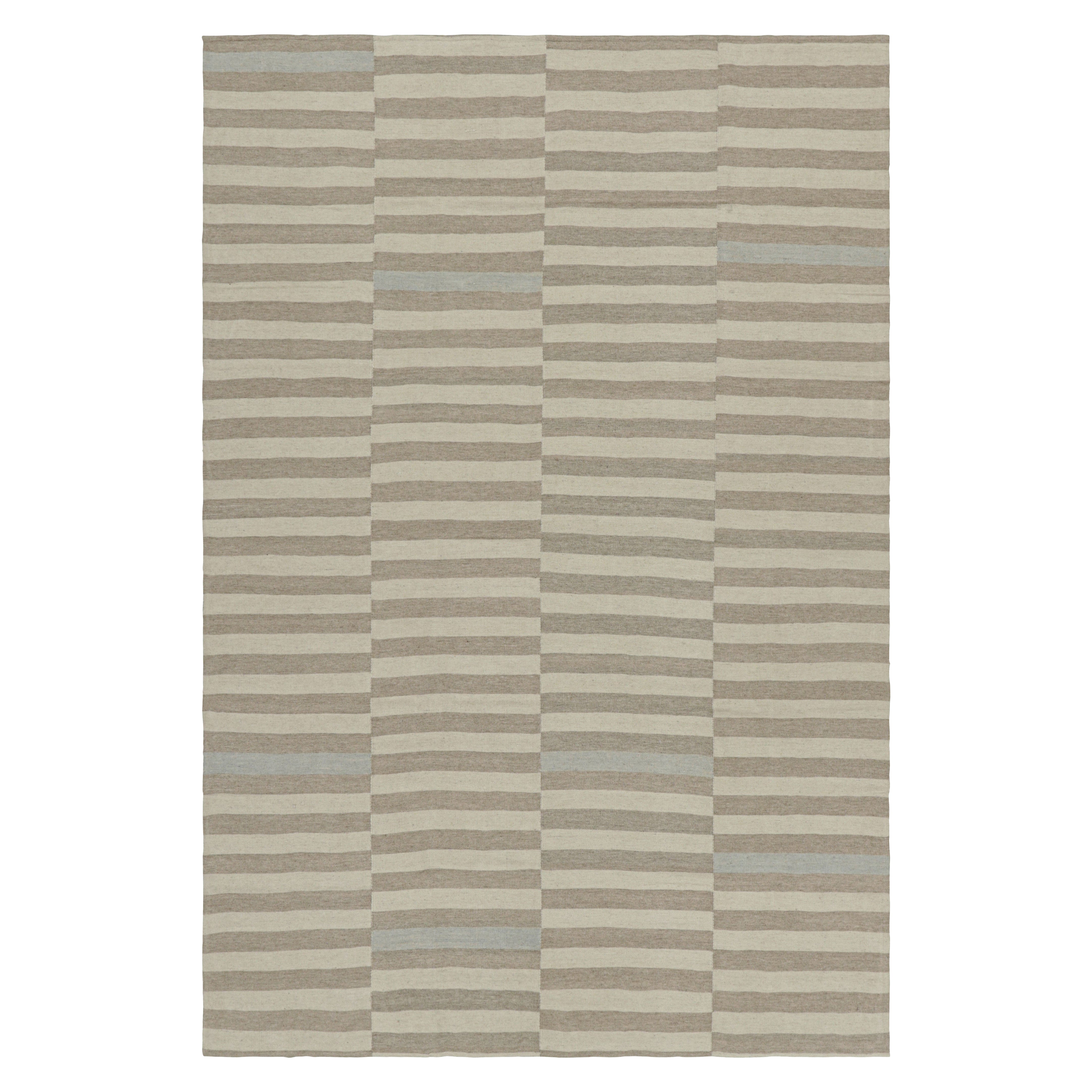 Rug & Kilim’s Contemporary Kilim with Textural Beige, Taupe and Blue Stripes