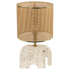 Midcentury Table Lamp Sculpture Elephant in Travertine and Wicker, Italy 1970s