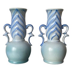 Pair of 1930s Blue Art Deco Stangl Artware Pottery Vases