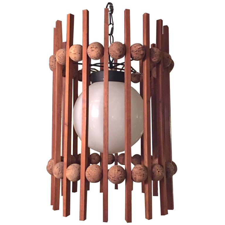MidCentury Cork and Wood Hanging Lamp For Sale at 1stdibs