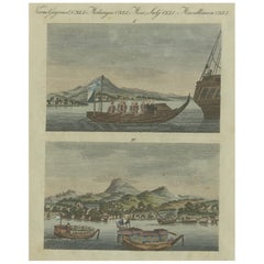Ceremonial Japanese Ships on River – Hand-Colored Print from 18th Century