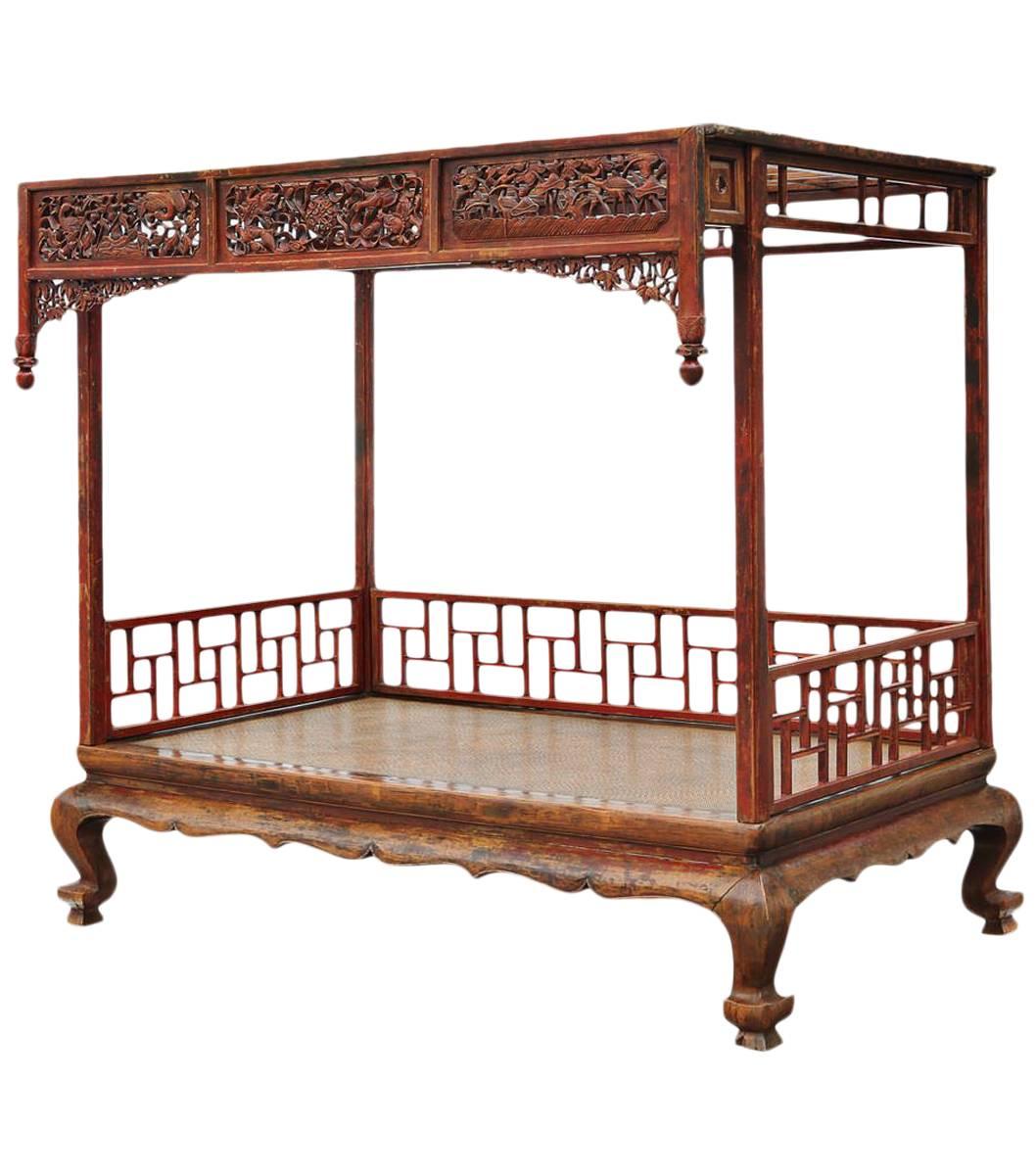 Chinese Carved and Lacquered Canopy Bed For Sale