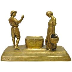 Antique Bronze Gilt Inkwell by P. Tereszczuk Figural Male and Female