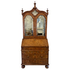 Antique Queen Anne Fantastic Quality Burr Walnut & Featherbanded Bureau Bookcase