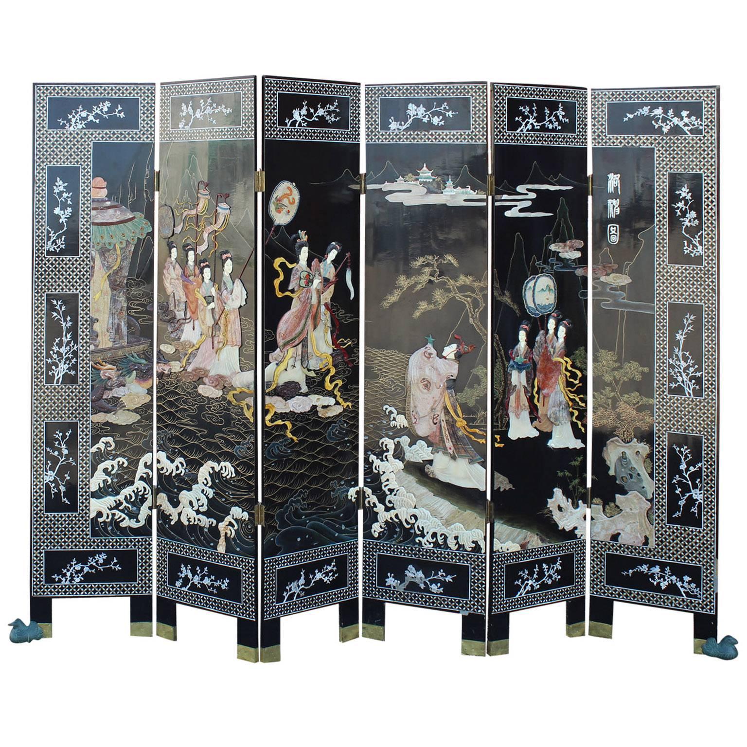 Asian Six-Panel Ebony Lacquer Folding Screen with Hardstone Carvings