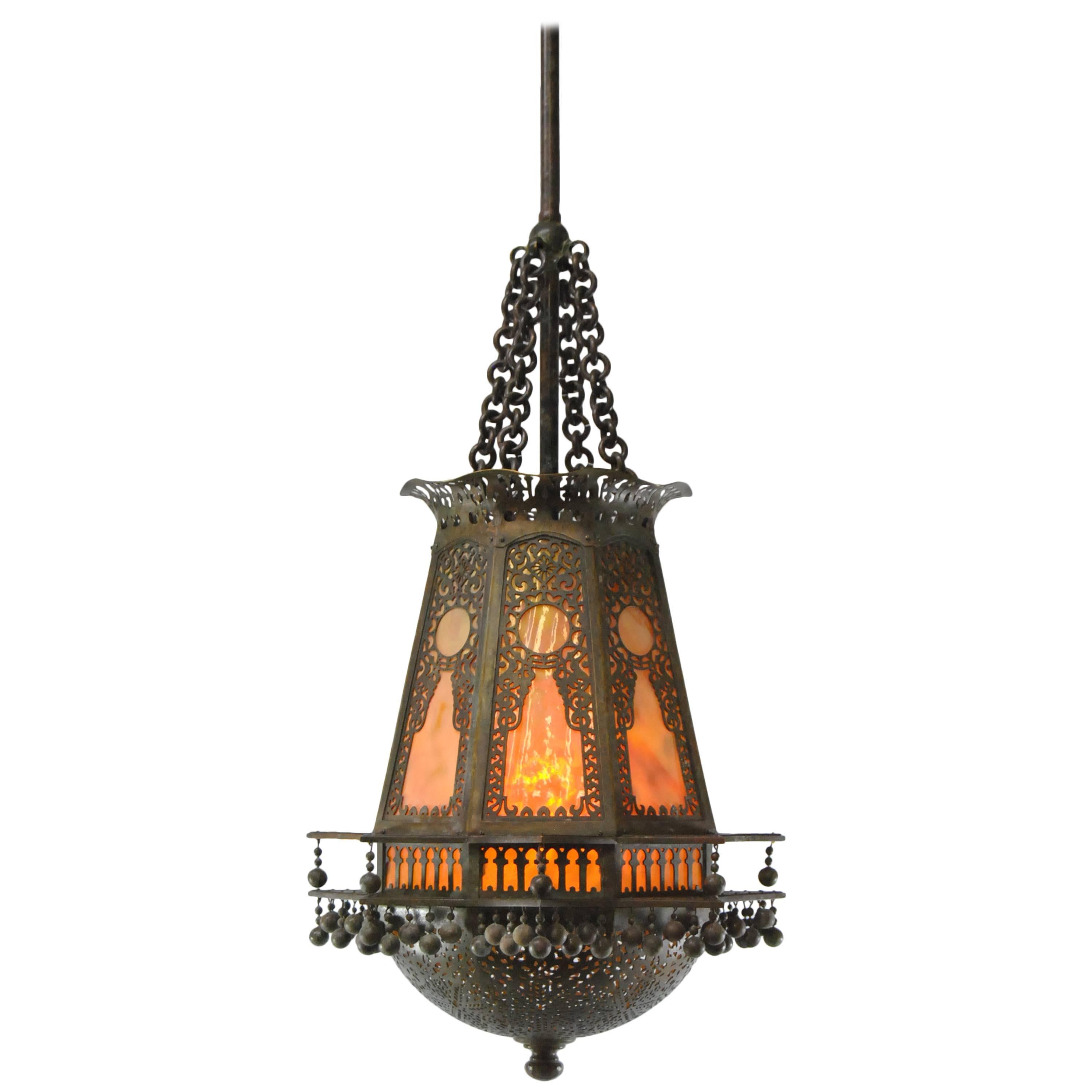 Moorish Style Lantern Chandelier with Glass Inserts by Tiffany