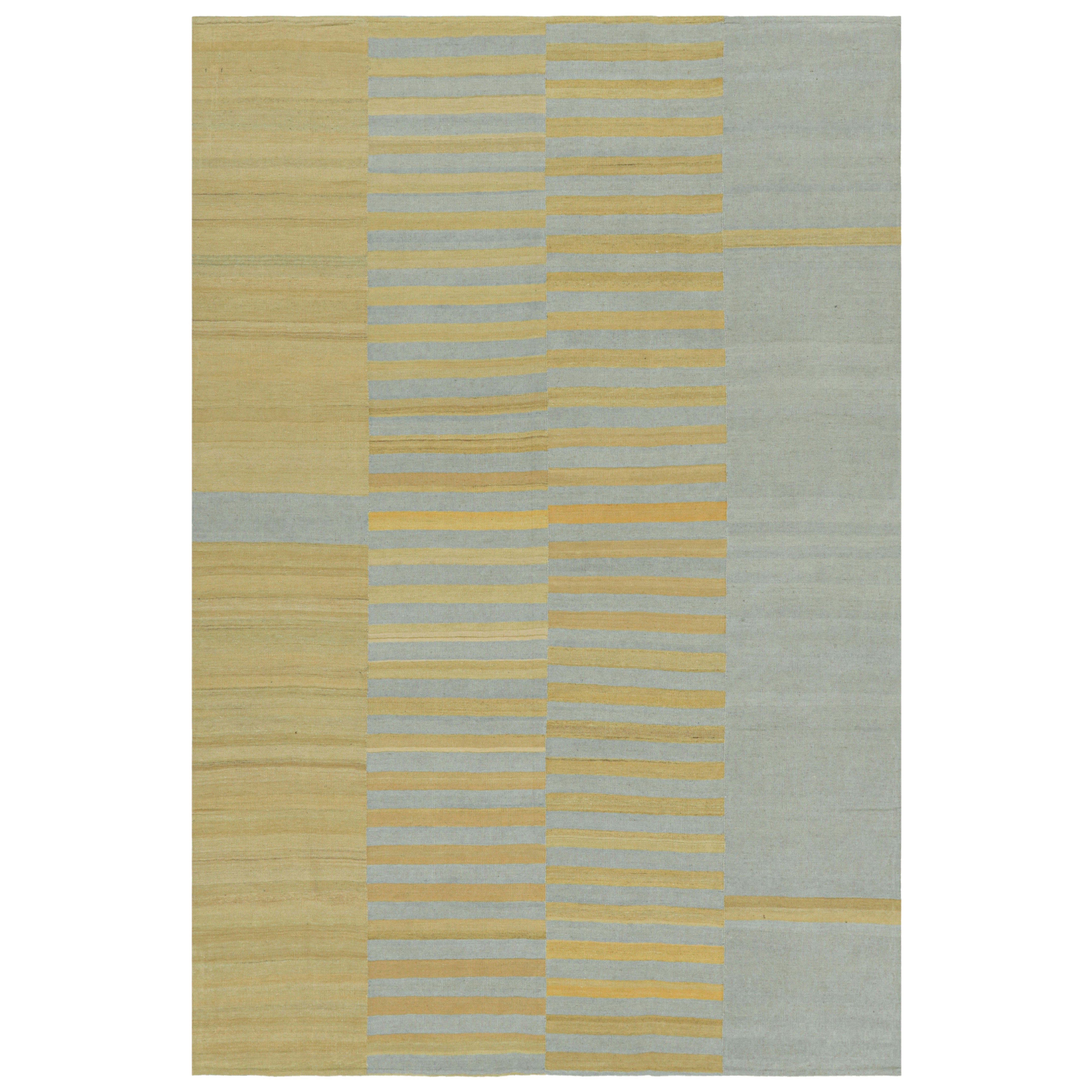 Rug & Kilim’s Contemporary Kilim with Textural Gold, Cream and Blue Stripes