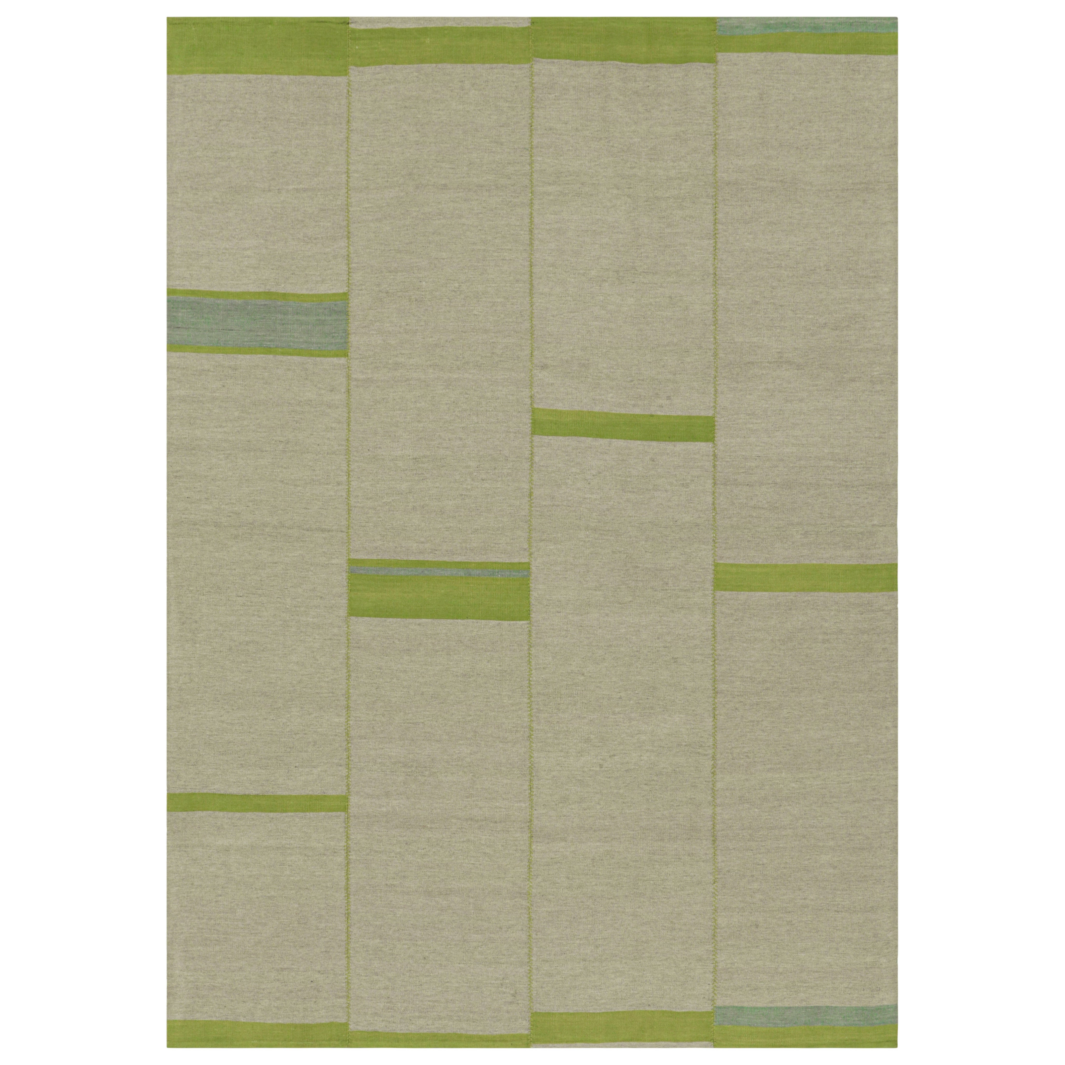 Rug & Kilim’s Contemporary Kilim, Beige and Green Textural Stripes, Blue Accents