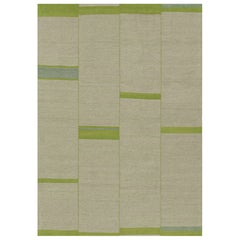 Rug & Kilim’s Contemporary Kilim, Beige and Green Textural Stripes, Blue Accents