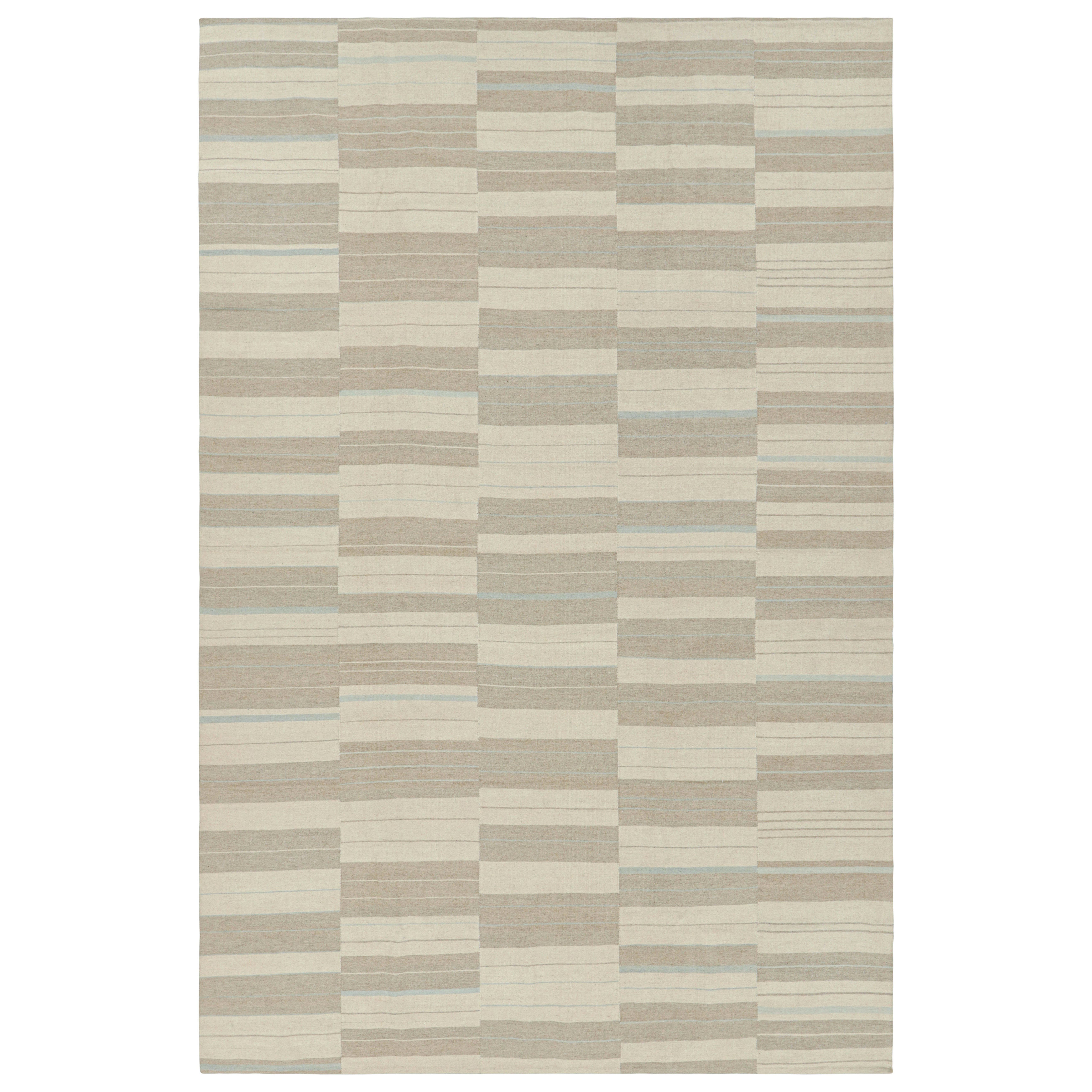 Rug & Kilim’s Contemporary Kilim with Textural Beige, Taupe and Blue Stripes