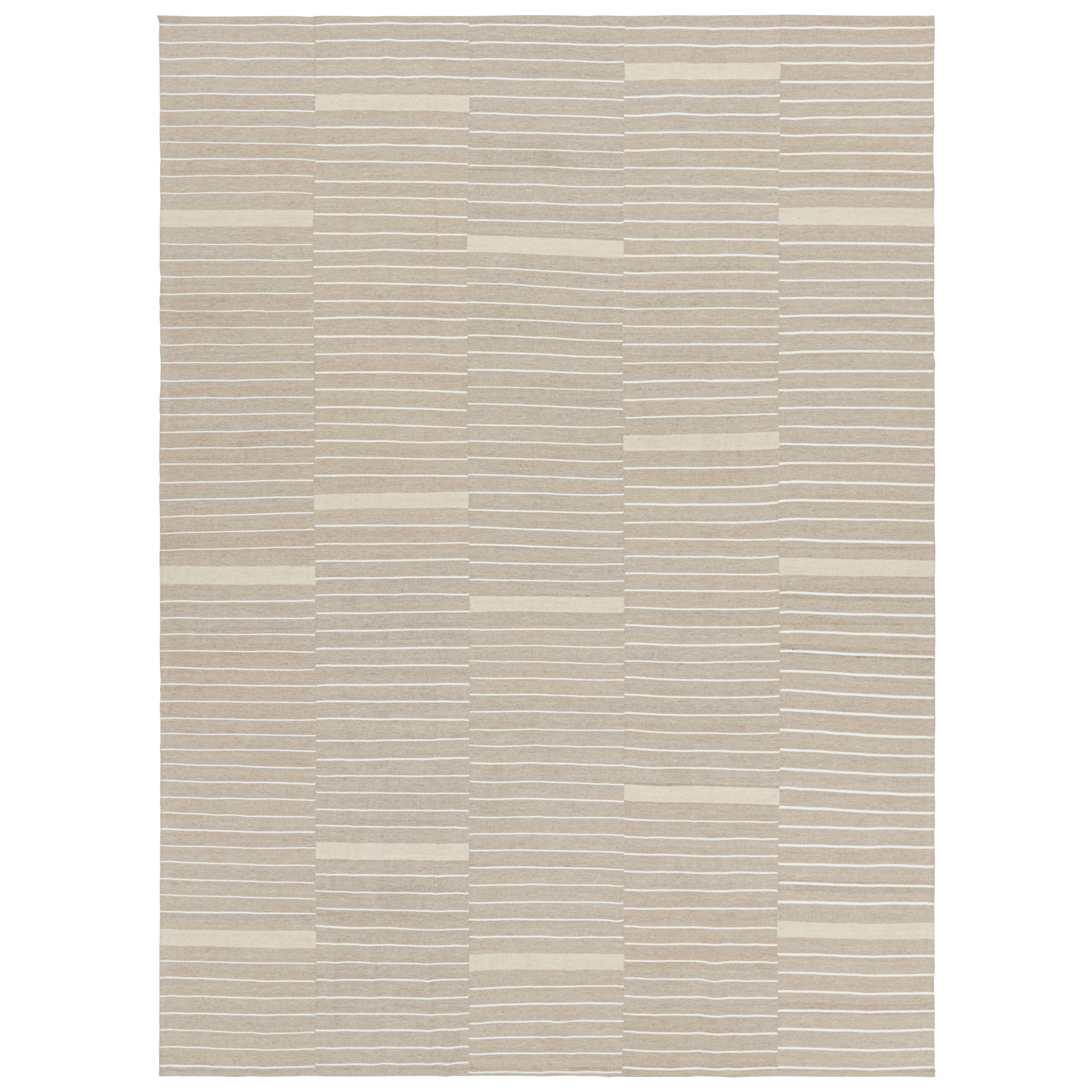 Rug & Kilim’s Contemporary Kilim, Beige and Taupe with Textural White Stripes