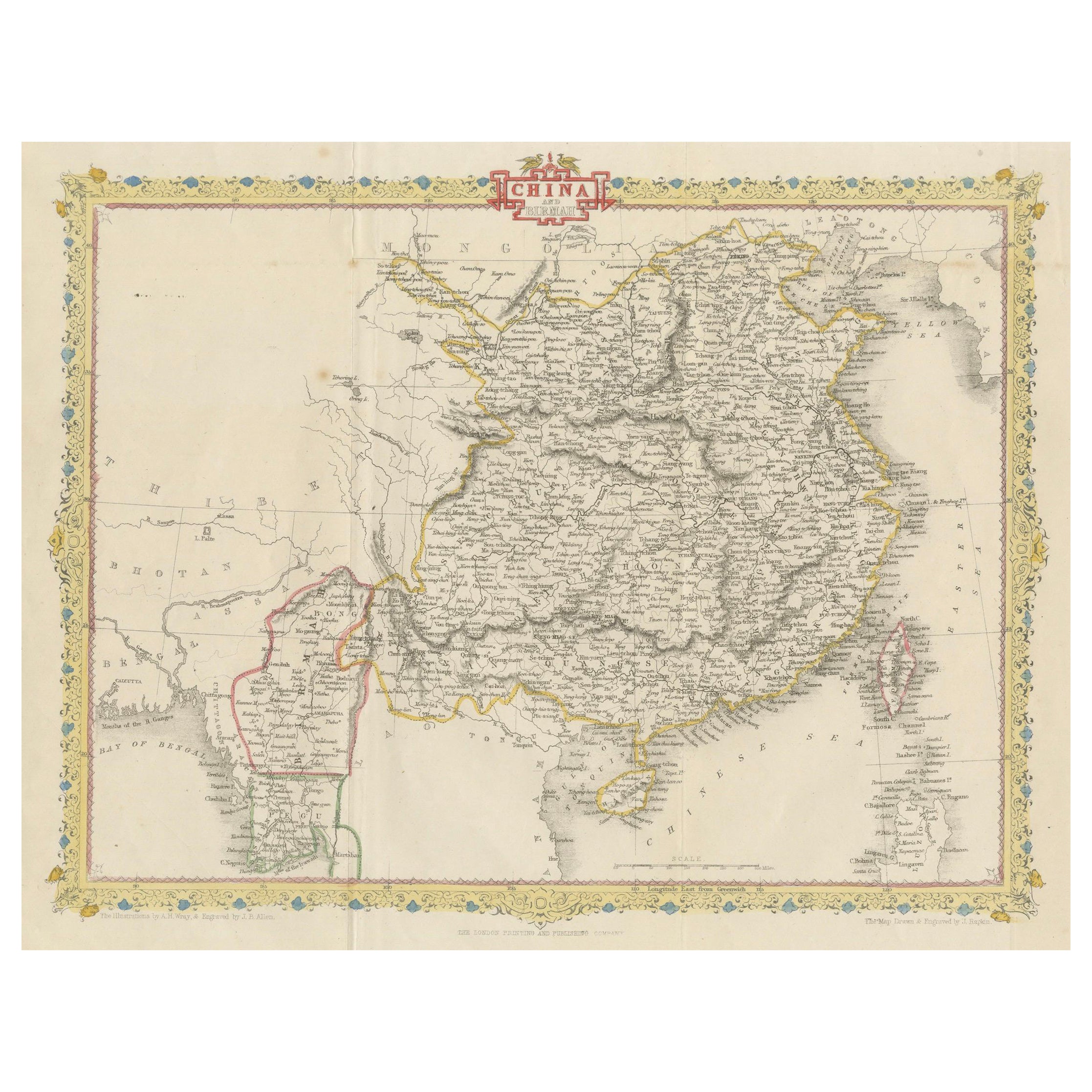 1851 Tallis Karte von China mit Tibet, Formosa und Birma - gestochen von J. Rapkin